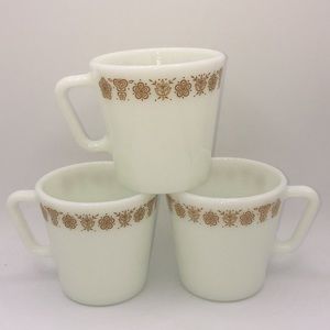 3 Vintage Pyrex Corning Butterfly Gold D Handle Coffee Tea Mugs Milk Glass USA